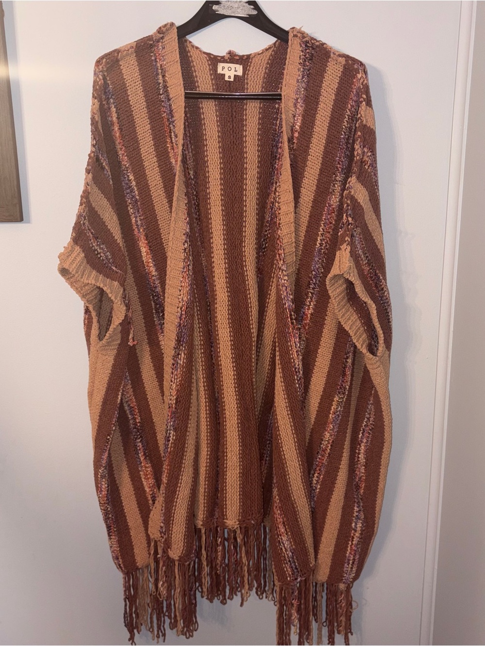 POL Anthropologie Striped Fringe Ruana in Brown and Tan Size Small